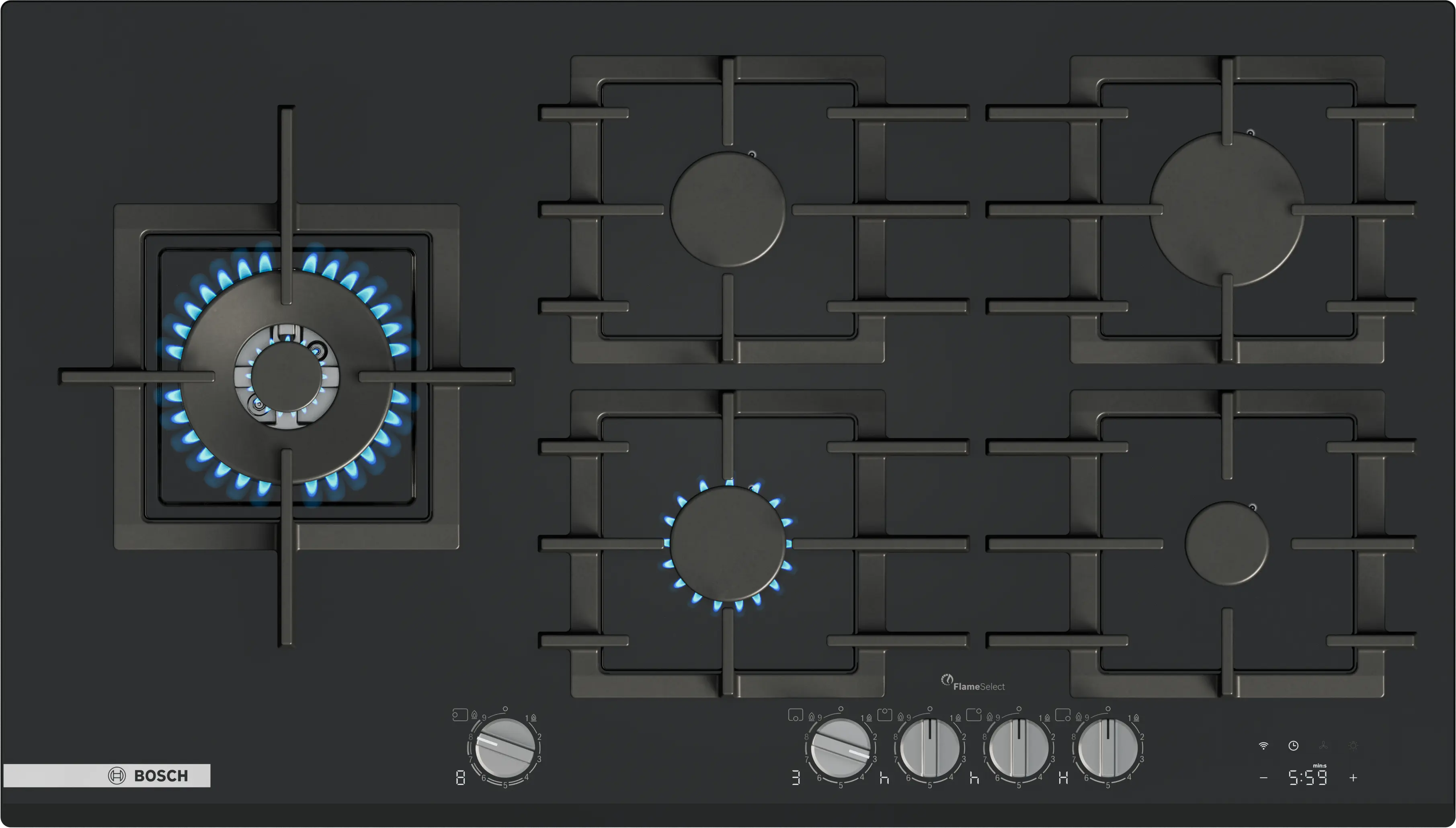 Bosch Gas Hob Built-in Series 8, 5 Burners, 90 cm Tempered Glass, Black  PRS9A6H40